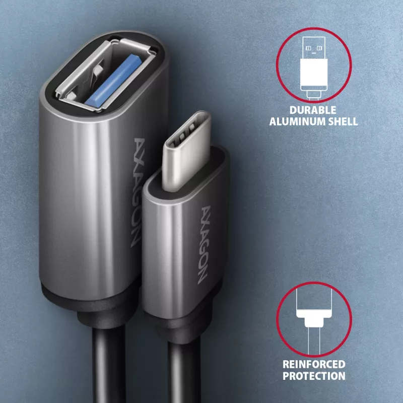 Adaptador de cabo Axagon RUCM-AFAC USB-C (M) -> USB-A (F), 20cm, USB 3.2 Gen 1, 3A, ALU