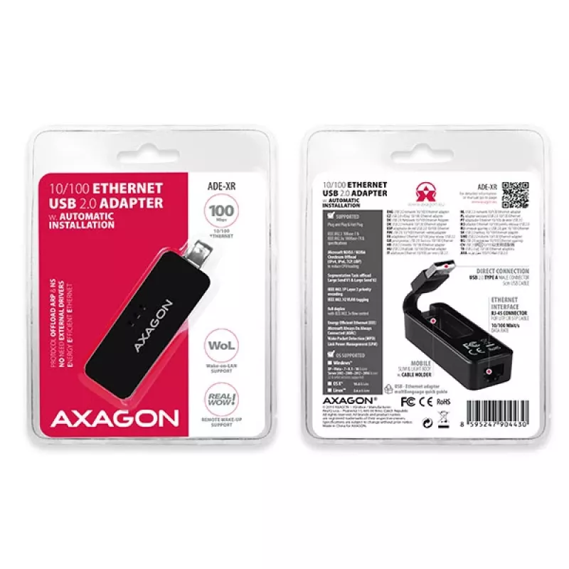 AXAGON ADE-XR adaptador de USB 2.0 Type-A para Fast Ethernet 10/100, RJ-45, Realtek RTL8152, preto, 23 g
