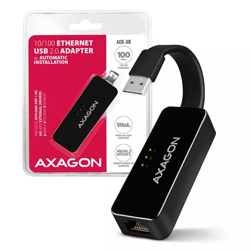 AXAGON ADE-XR adaptador de USB 2.0 Type-A para Fast Ethernet 10/100, RJ-45, Realtek RTL8152, preto, 23 g