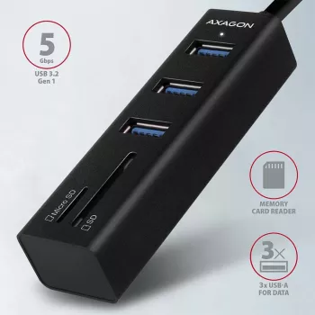 Hub multiporta Axagon HMA-CR3A em metal USB 3.2 Gen 1 com três portas USB e leitor de cartões