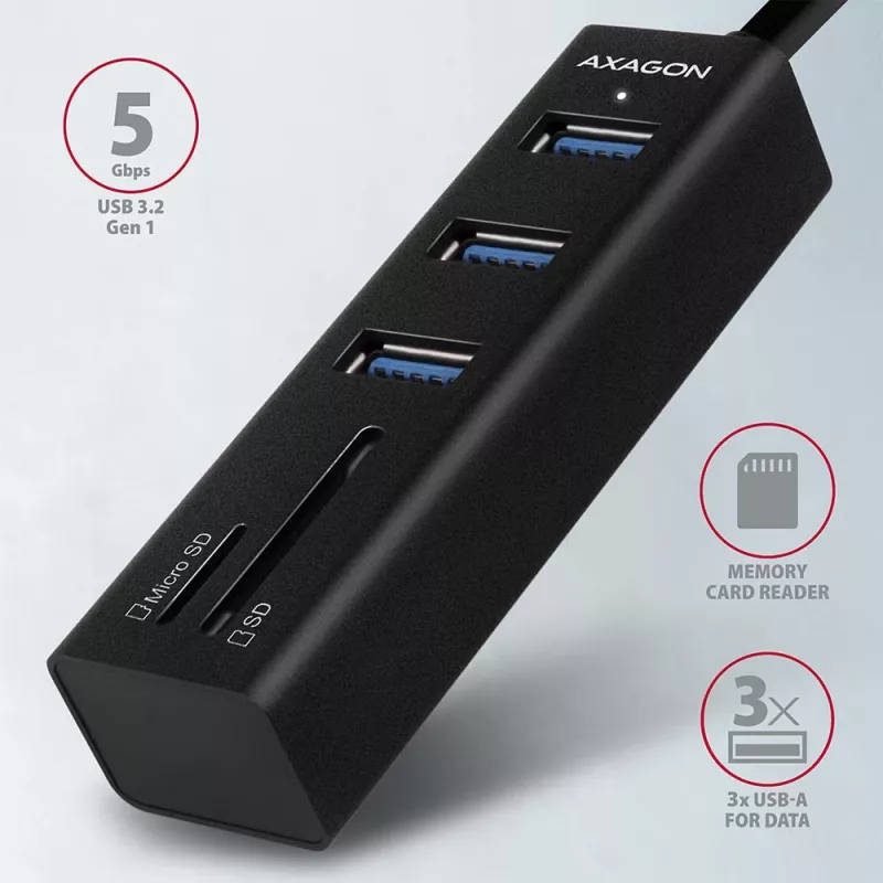 Hub multiporta Axagon HMA-CR3A em metal USB 3.2 Gen 1 com três portas USB e leitor de cartões