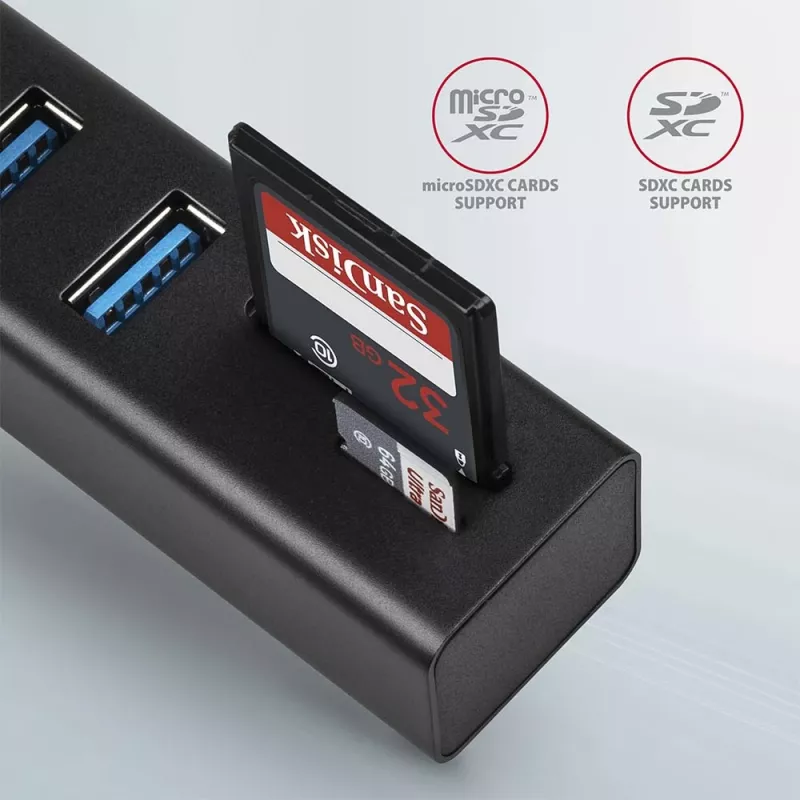 Hub multiporta Axagon HMA-CR3A em metal USB 3.2 Gen 1 com três portas USB e leitor de cartões