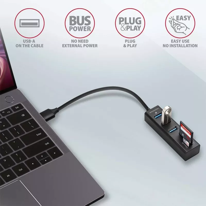 Hub multiporta Axagon HMA-CR3A em metal USB 3.2 Gen 1 com três portas USB e leitor de cartões