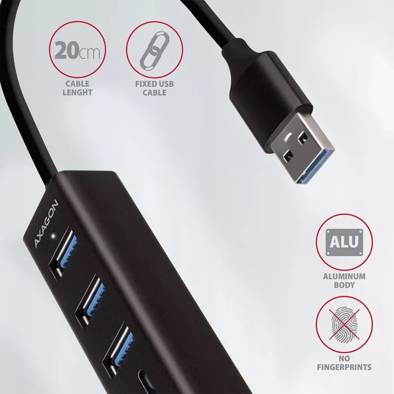 Hub multiporta Axagon HMA-CR3A em metal USB 3.2 Gen 1 com três portas USB e leitor de cartões