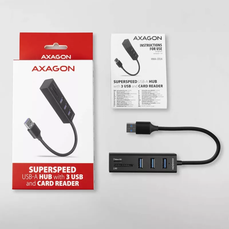 Hub multiporta Axagon HMA-CR3A em metal USB 3.2 Gen 1 com três portas USB e leitor de cartões