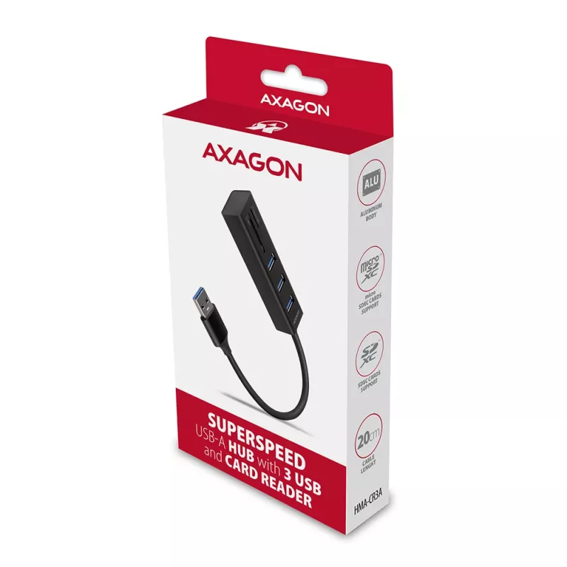 Hub multiporta Axagon HMA-CR3A em metal USB 3.2 Gen 1 com três portas USB e leitor de cartões