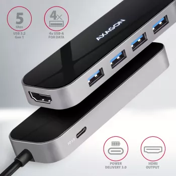 Hub Axagon HMC-6H4A USB 3.2 Gen 1, 4x USB-A, HDMI 4K/30Hz, PD 100W, cabo USB-C de 20 cm