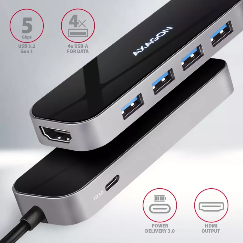 Hub Axagon HMC-6H4A USB 3.2 Gen 1, 4x USB-A, HDMI 4K/30Hz, PD 100W, cabo USB-C de 20 cm