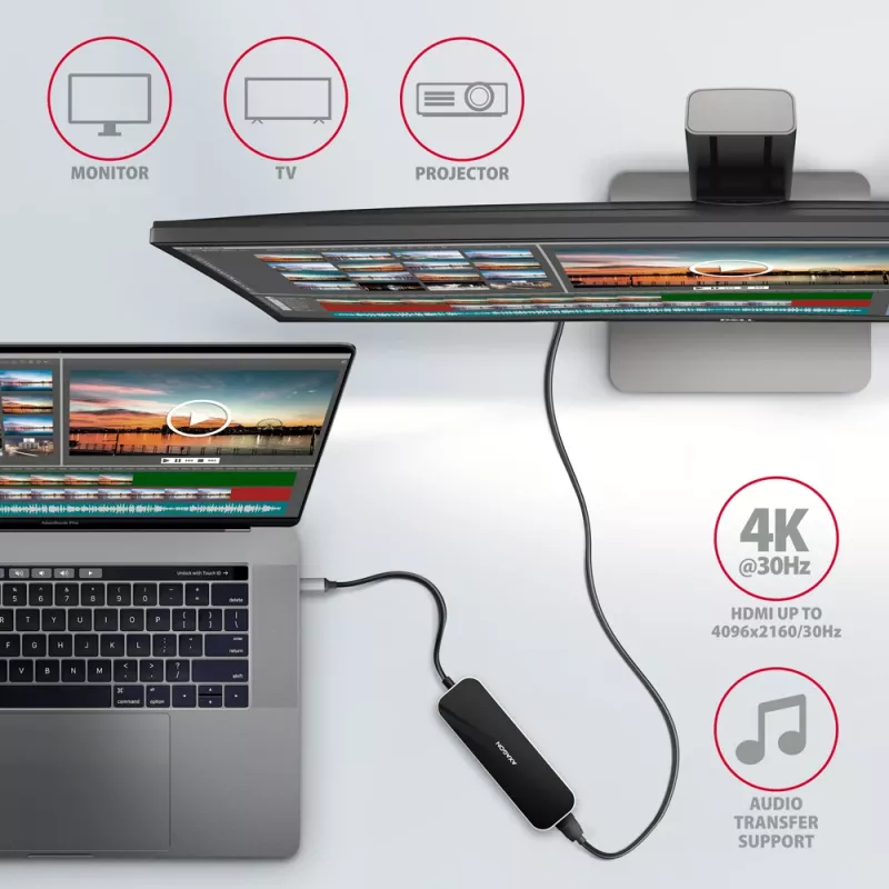 Hub Axagon HMC-6H4A USB 3.2 Gen 1, 4x USB-A, HDMI 4K/30Hz, PD 100W, cabo USB-C de 20 cm