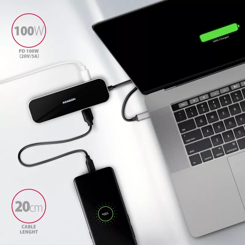 Hub Axagon HMC-6H4A USB 3.2 Gen 1, 4x USB-A, HDMI 4K/30Hz, PD 100W, cabo USB-C de 20 cm