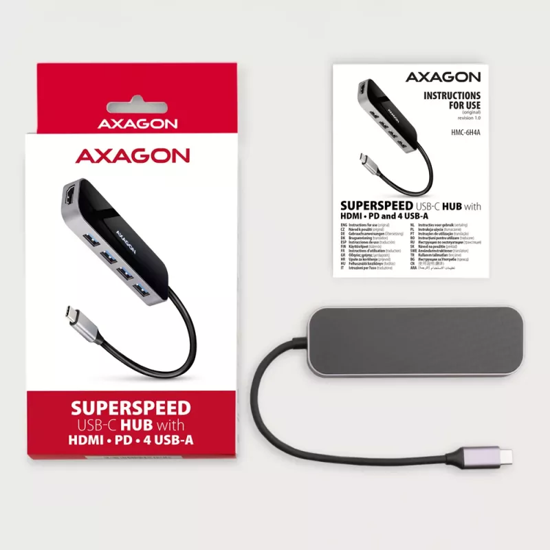 Hub Axagon HMC-6H4A USB 3.2 Gen 1, 4x USB-A, HDMI 4K/30Hz, PD 100W, cabo USB-C de 20 cm