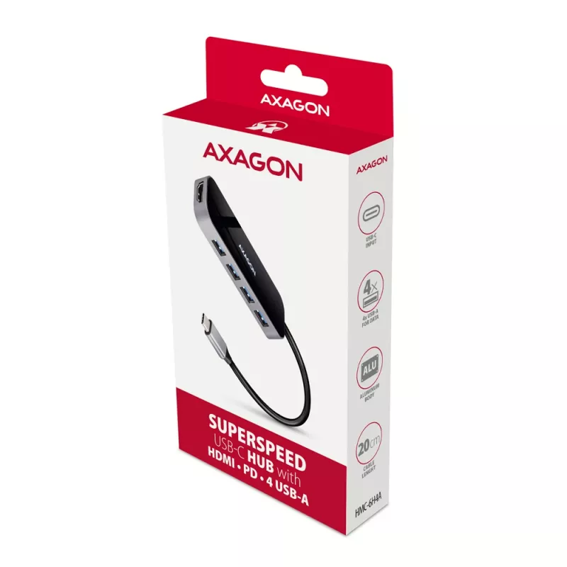 Hub Axagon HMC-6H4A USB 3.2 Gen 1, 4x USB-A, HDMI 4K/30Hz, PD 100W, cabo USB-C de 20 cm