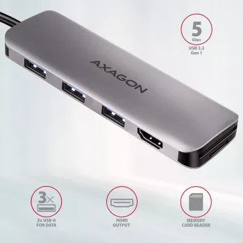 Hub Axagon HMC-HCR3A 3x USB-A + HDMI + SD/microSD USB-C 3.2 Gen 1, cabo de 20 cm, USB 3.2 Gen 1 (3.1 Gen 1) Type-C, cinzento