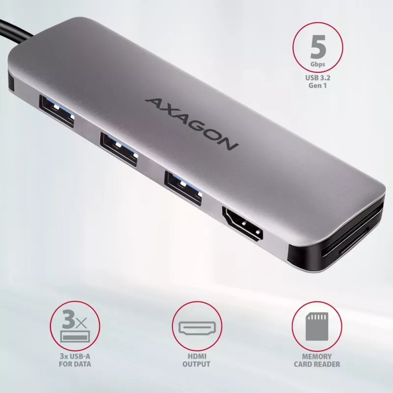 Hub Axagon HMC-HCR3A 3x USB-A + HDMI + SD/microSD USB-C 3.2 Gen 1, cabo de 20 cm, USB 3.2 Gen 1 (3.1 Gen 1) Type-C, cinzento