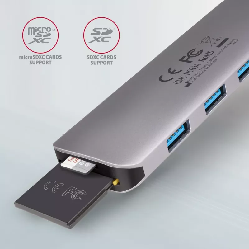 Hub Axagon HMC-HCR3A 3x USB-A + HDMI + SD/microSD USB-C 3.2 Gen 1, cabo de 20 cm, USB 3.2 Gen 1 (3.1 Gen 1) Type-C, cinzento