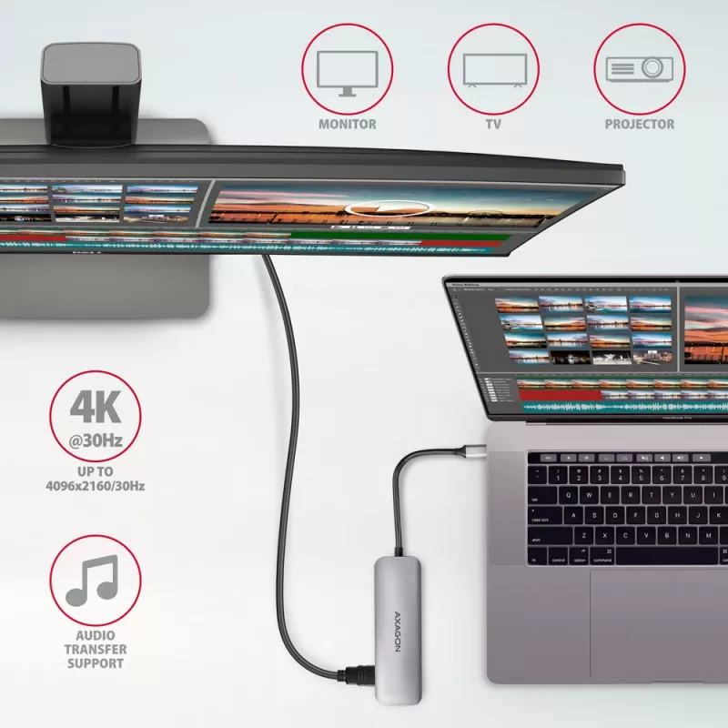 Hub Axagon HMC-HCR3A 3x USB-A + HDMI + SD/microSD USB-C 3.2 Gen 1, cabo de 20 cm, USB 3.2 Gen 1 (3.1 Gen 1) Type-C, cinzento