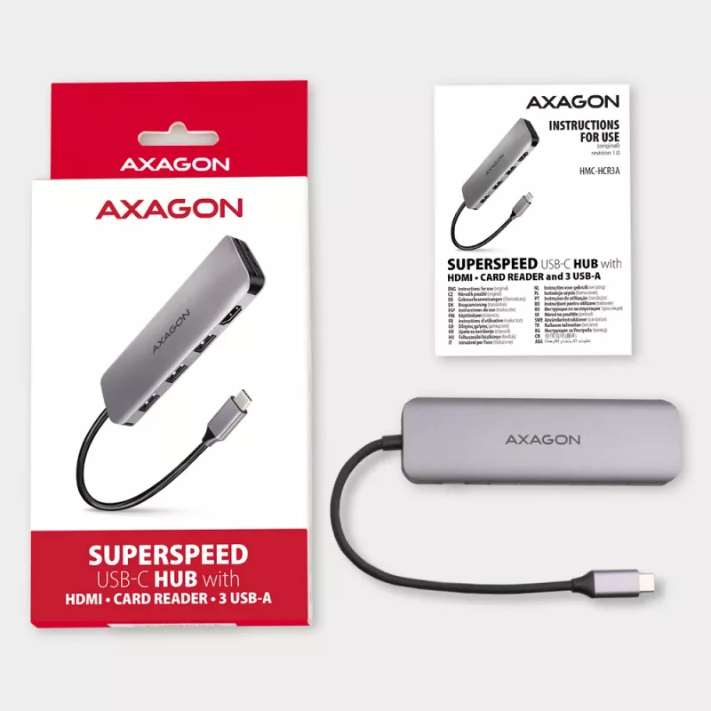 Hub Axagon HMC-HCR3A 3x USB-A + HDMI + SD/microSD USB-C 3.2 Gen 1, cabo de 20 cm, USB 3.2 Gen 1 (3.1 Gen 1) Type-C, cinzento