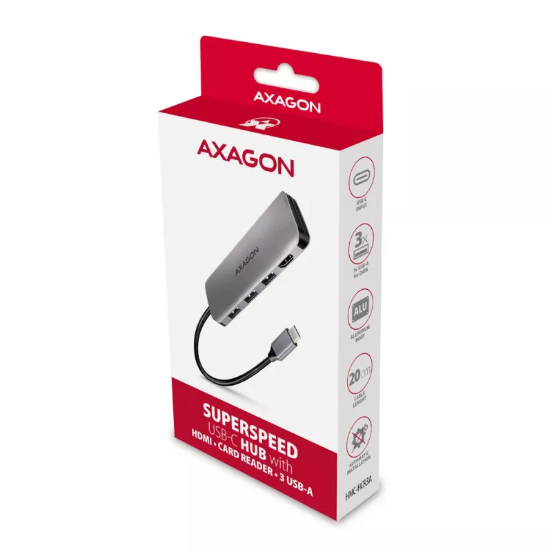 Hub Axagon HMC-HCR3A 3x USB-A + HDMI + SD/microSD USB-C 3.2 Gen 1, cabo de 20 cm, USB 3.2 Gen 1 (3.1 Gen 1) Type-C, cinzento
