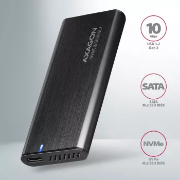 Caixa externa Axagon EEM2-SB2 USB-C 3.2 Gen 2 em metal para discos SSD M.2 NVMe e SATA. Sem parafusos