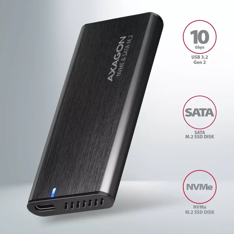 Caixa externa Axagon EEM2-SB2 USB-C 3.2 Gen 2 em metal para discos SSD M.2 NVMe e SATA. Sem parafusos
