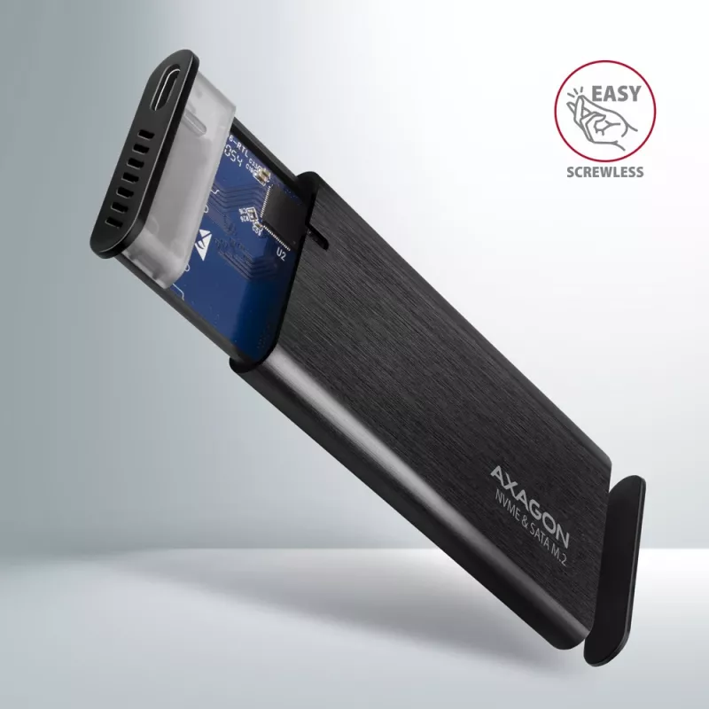 Caixa externa Axagon EEM2-SB2 USB-C 3.2 Gen 2 em metal para discos SSD M.2 NVMe e SATA. Sem parafusos