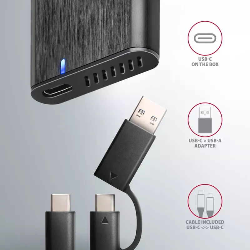 Caixa externa Axagon EEM2-SB2 USB-C 3.2 Gen 2 em metal para discos SSD M.2 NVMe e SATA. Sem parafusos