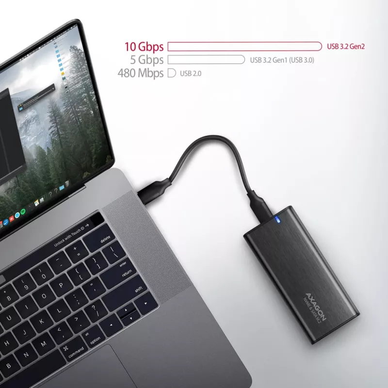 Caixa externa Axagon EEM2-SB2 USB-C 3.2 Gen 2 em metal para discos SSD M.2 NVMe e SATA. Sem parafusos