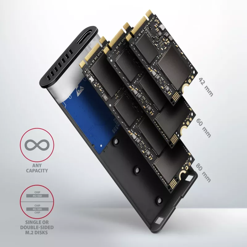 Caixa externa Axagon EEM2-SB2 USB-C 3.2 Gen 2 em metal para discos SSD M.2 NVMe e SATA. Sem parafusos