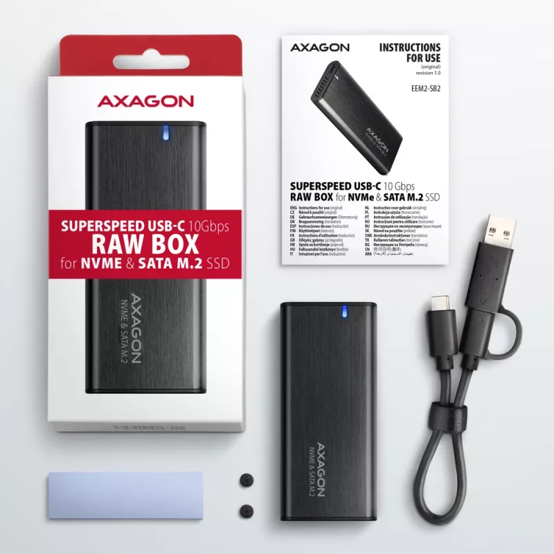 Caixa externa Axagon EEM2-SB2 USB-C 3.2 Gen 2 em metal para discos SSD M.2 NVMe e SATA. Sem parafusos