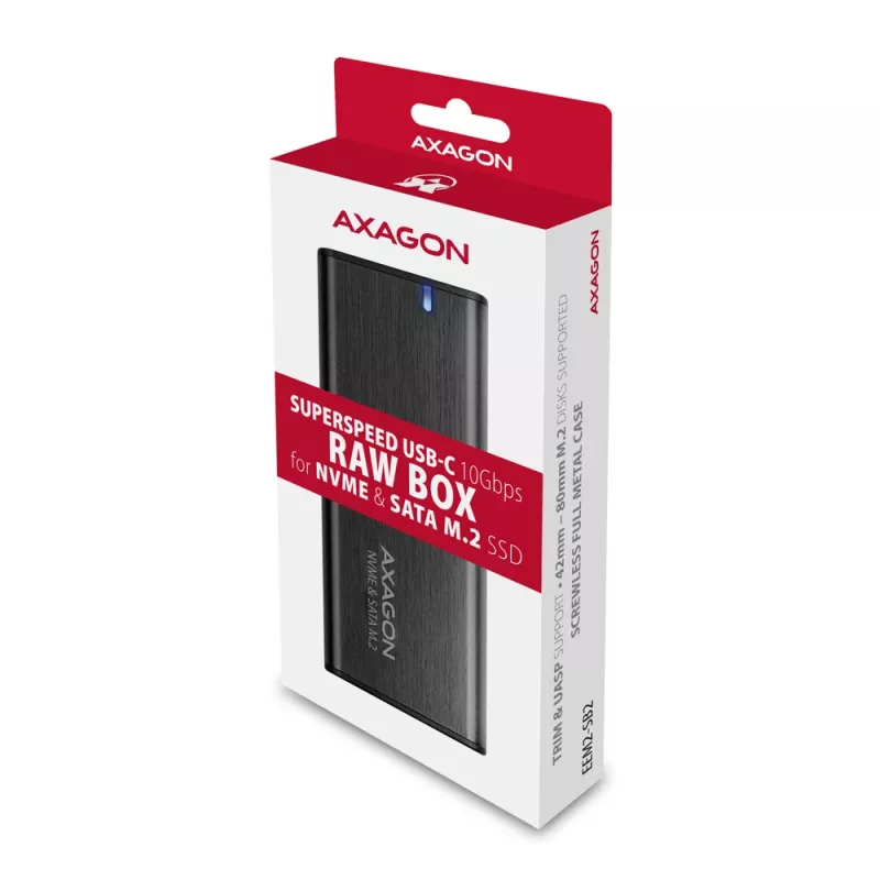Caixa externa Axagon EEM2-SB2 USB-C 3.2 Gen 2 em metal para discos SSD M.2 NVMe e SATA. Sem parafusos