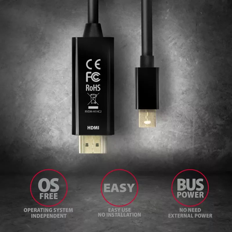 Cabo adaptador Axagon RVDM-HI14C2 Mini DisplayPort para HDMI 4K 30Hz 1,8 m