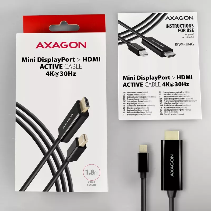 Cabo adaptador Axagon RVDM-HI14C2 Mini DisplayPort para HDMI 4K 30Hz 1,8 m