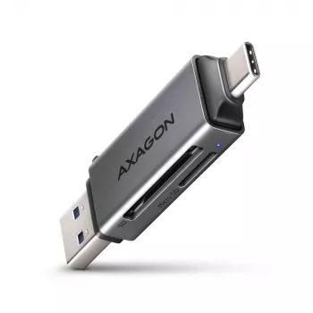 Leitor de cartões Axagon CRE-DAC USB-C + USB-A 5 Gbps MINI 2 slots e LUN SD/microSD USB 3.0 Type-A/Type-C cinzento