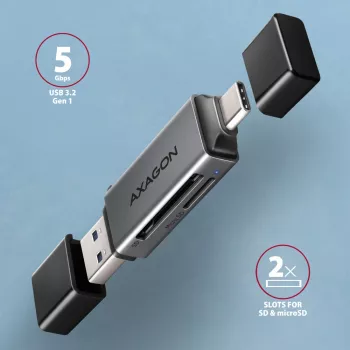 Leitor de cartões Axagon CRE-DAC USB-C + USB-A 5 Gbps MINI 2 slots e LUN SD/microSD USB 3.0 Type-A/Type-C cinzento