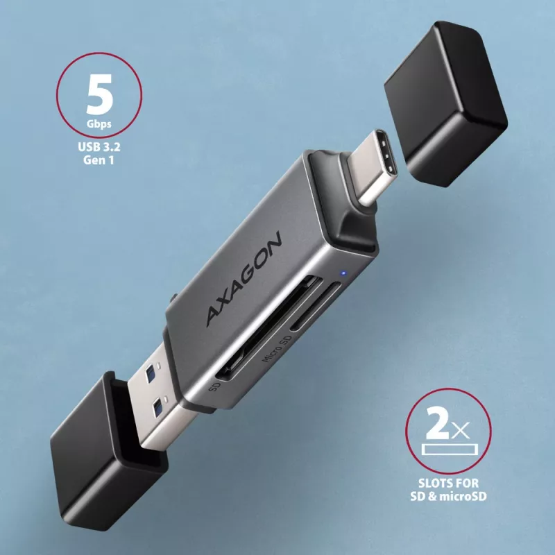 Leitor de cartões Axagon CRE-DAC USB-C + USB-A 5 Gbps MINI 2 slots e LUN SD/microSD USB 3.0 Type-A/Type-C cinzento