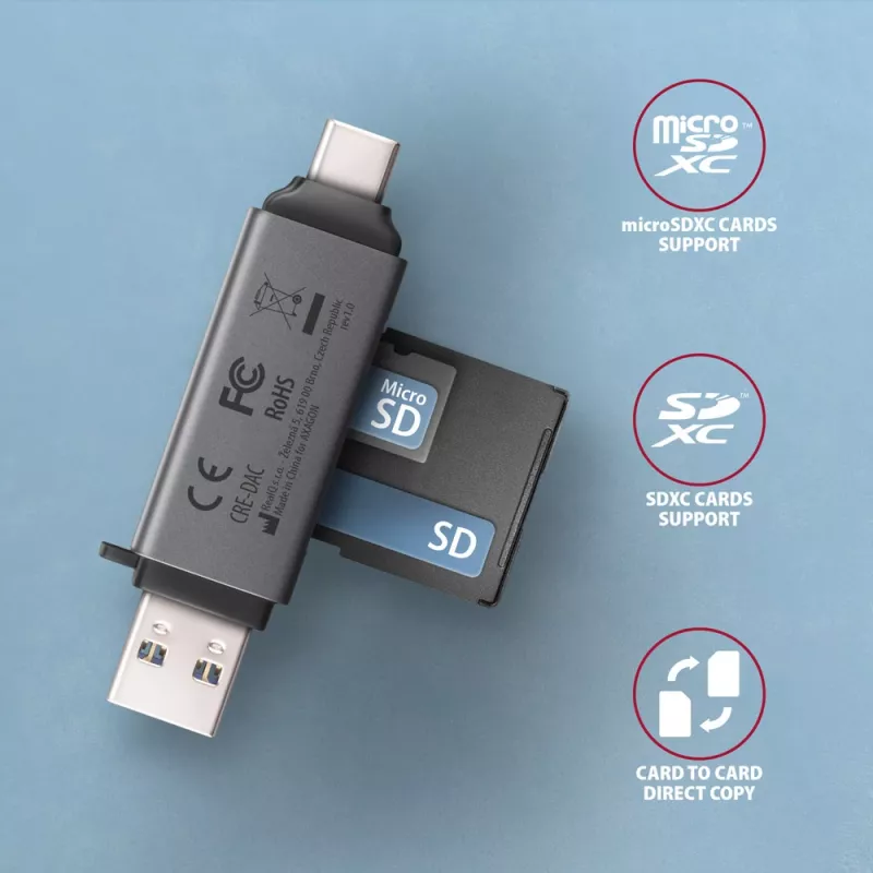 Leitor de cartões Axagon CRE-DAC USB-C + USB-A 5 Gbps MINI 2 slots e LUN SD/microSD USB 3.0 Type-A/Type-C cinzento