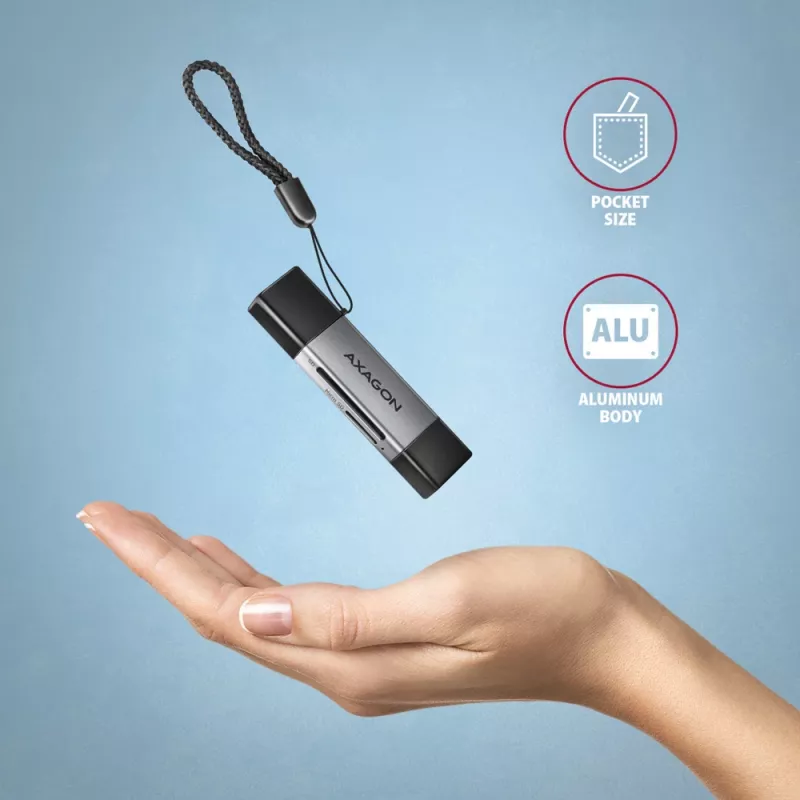 Leitor de cartões Axagon CRE-DAC USB-C + USB-A 5 Gbps MINI 2 slots e LUN SD/microSD USB 3.0 Type-A/Type-C cinzento