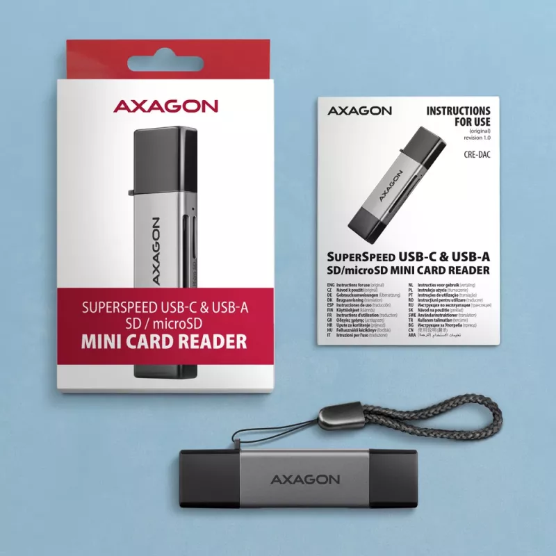 Leitor de cartões Axagon CRE-DAC USB-C + USB-A 5 Gbps MINI 2 slots e LUN SD/microSD USB 3.0 Type-A/Type-C cinzento
