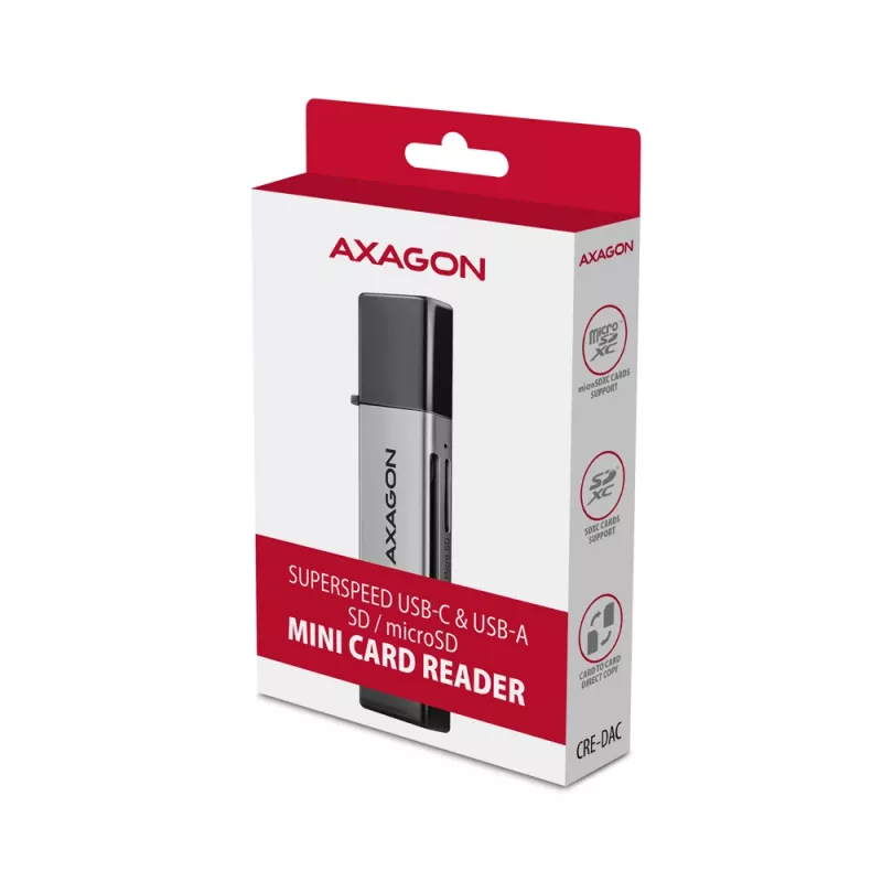 Leitor de cartões Axagon CRE-DAC USB-C + USB-A 5 Gbps MINI 2 slots e LUN SD/microSD USB 3.0 Type-A/Type-C cinzento