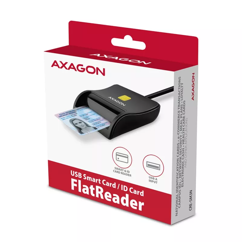 Leitor de cartões smartcard/ID plano Axagon CRE-SM3N USB-A, USB 2.0, 1,3 m, preto, 57 g