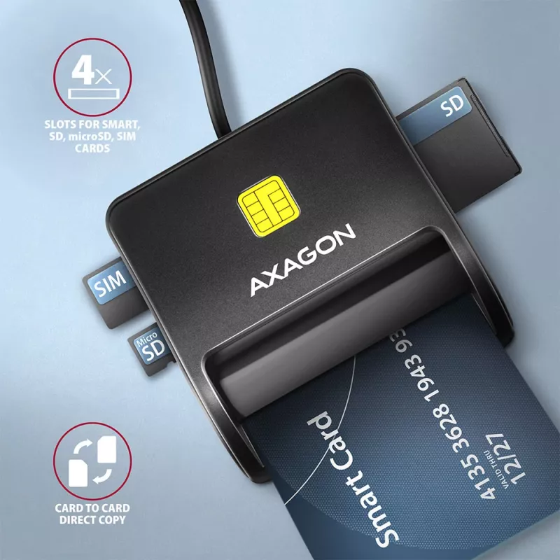 Leitor de cartões smartcard e SD/microSD/SIM plano Axagon CRE-SM3SD USB para interior USB 2.0 preto