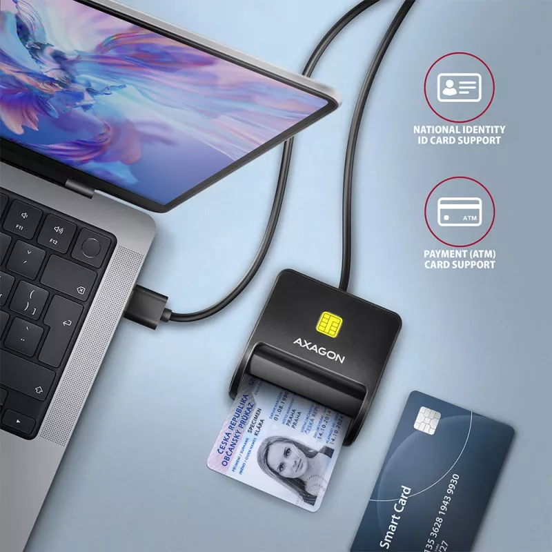 Leitor de cartões smartcard e SD/microSD/SIM plano Axagon CRE-SM3SD USB para interior USB 2.0 preto