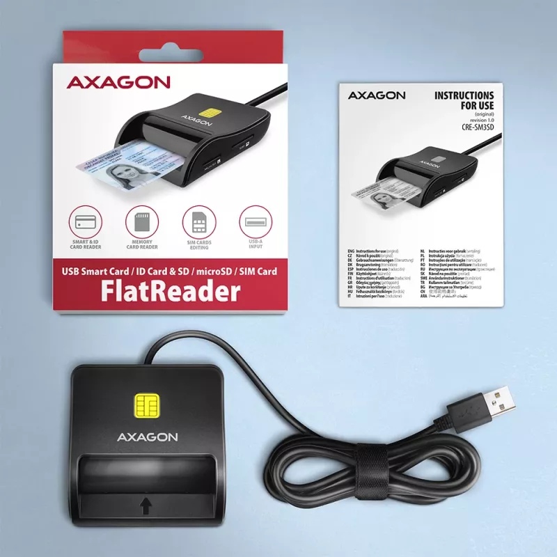 Leitor de cartões smartcard e SD/microSD/SIM plano Axagon CRE-SM3SD USB para interior USB 2.0 preto