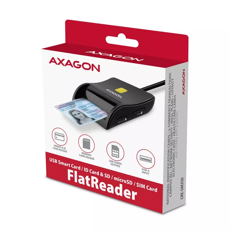 Leitor de cartões smartcard e SD/microSD/SIM plano Axagon CRE-SM3SD USB para interior USB 2.0 preto