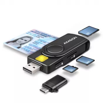 Leitor de cartões smartcard e SD/microSD/SIM PocketReader Axagon CRE-SMP2A USB para interior USB Type-A/USB Type-C preto