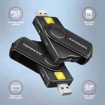 Leitor de cartões smartcard e SD/microSD/SIM PocketReader Axagon CRE-SMP2A USB para interior USB Type-A/USB Type-C preto