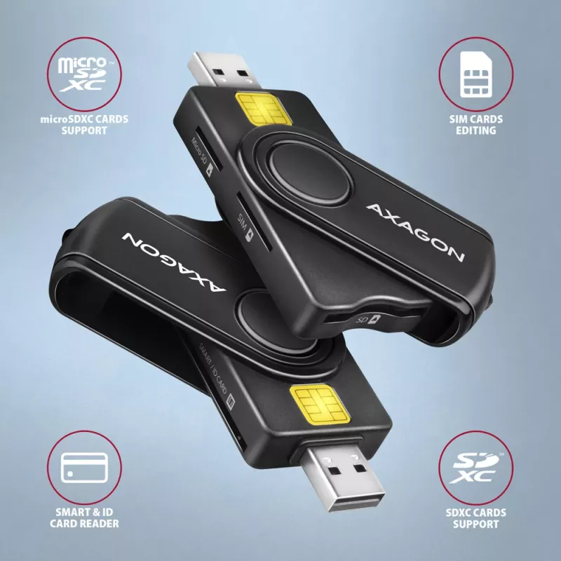 Leitor de cartões smartcard e SD/microSD/SIM PocketReader Axagon CRE-SMP2A USB para interior USB Type-A/USB Type-C preto