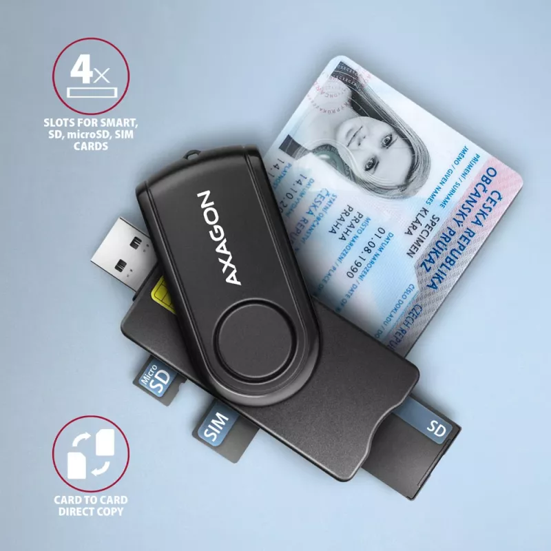 Leitor de cartões smartcard e SD/microSD/SIM PocketReader Axagon CRE-SMP2A USB para interior USB Type-A/USB Type-C preto