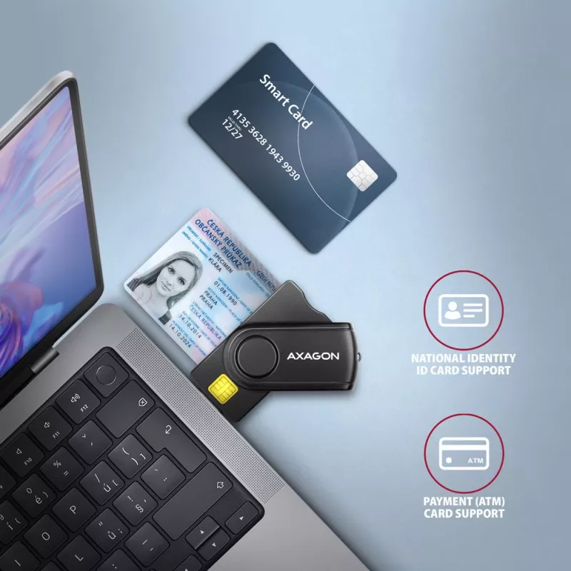 Leitor de cartões smartcard e SD/microSD/SIM PocketReader Axagon CRE-SMP2A USB para interior USB Type-A/USB Type-C preto