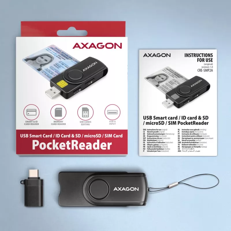 Leitor de cartões smartcard e SD/microSD/SIM PocketReader Axagon CRE-SMP2A USB para interior USB Type-A/USB Type-C preto